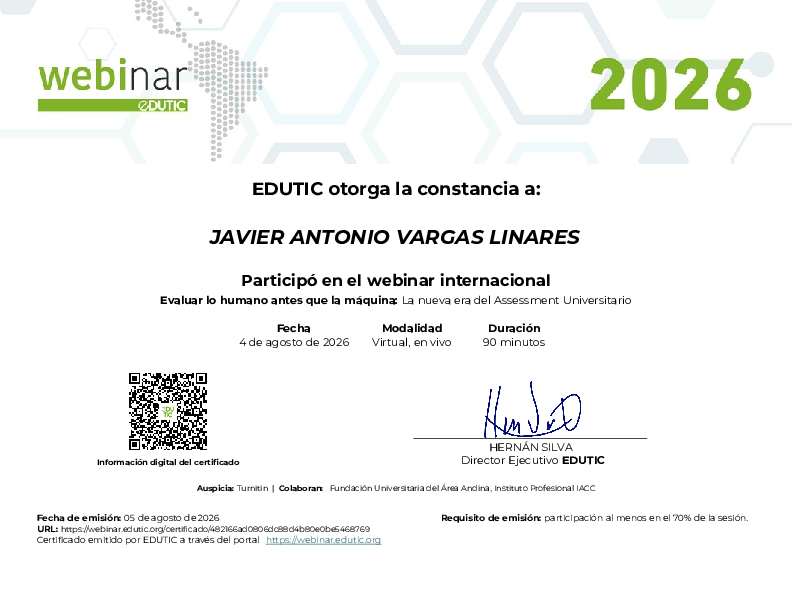 Certificado de Participación en el webinar de Javier Antonio Vargas Linares — Evaluar lo humano antes que la máquina